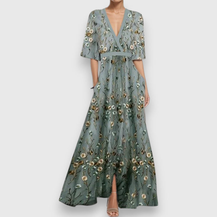 Damen-Maxikleid mit Blumenmuster – tiefer V-Ausschnitt
