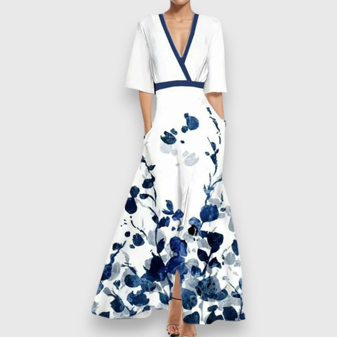 Damen-Maxikleid mit Blumenmuster – tiefer V-Ausschnitt
