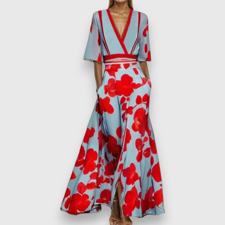 Damen-Maxikleid mit Blumenmuster – tiefer V-Ausschnitt